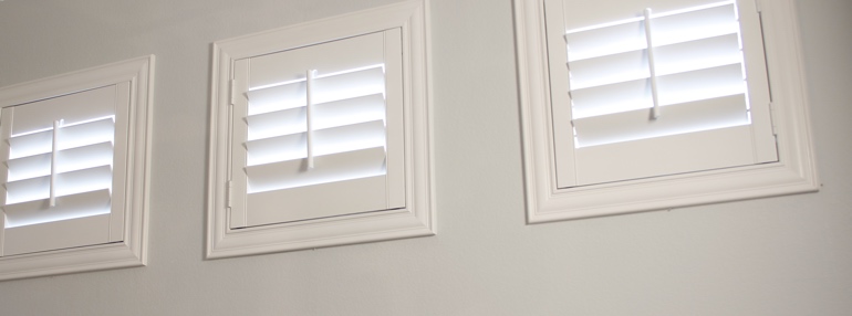 Square Windows in a Denver Garage with Plantation Shutters